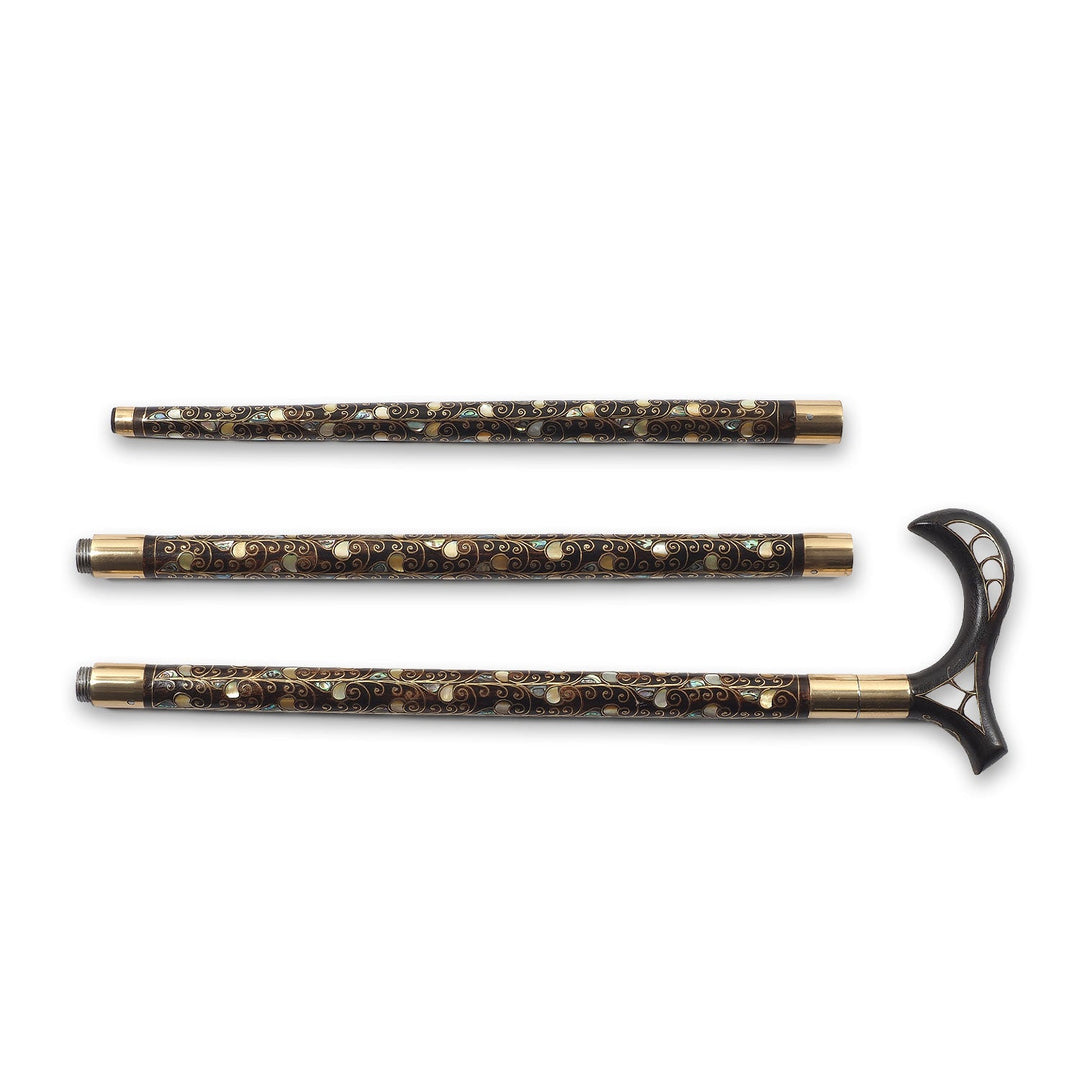 Handcrafted Wooden Walking Cane with Mother-of-Pearl and Copper Wire Inlay, Spherical Handle - WAAH238