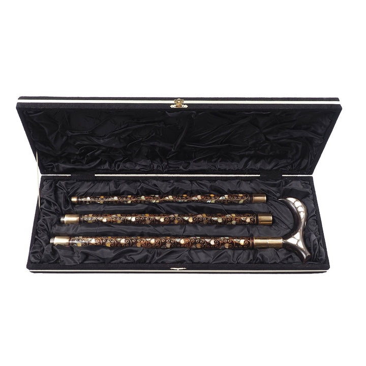 Handcrafted Wooden Walking Cane with Mother-of-Pearl and Copper Wire Inlay, Spherical Handle - WAAH238