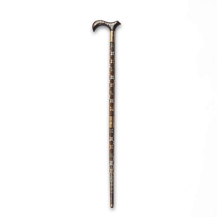 Handcrafted Wooden Walking Cane with Mother-of-Pearl and Copper Wire Inlay, Spherical Handle - WAAH239