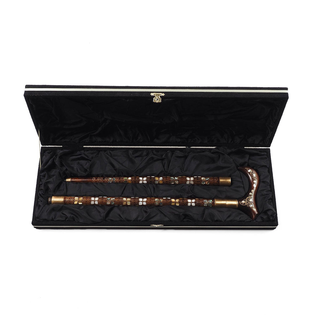 Handcrafted Wooden Walking Cane with Mother-of-Pearl and Copper Wire Inlay, Spherical Handle - WAAH239