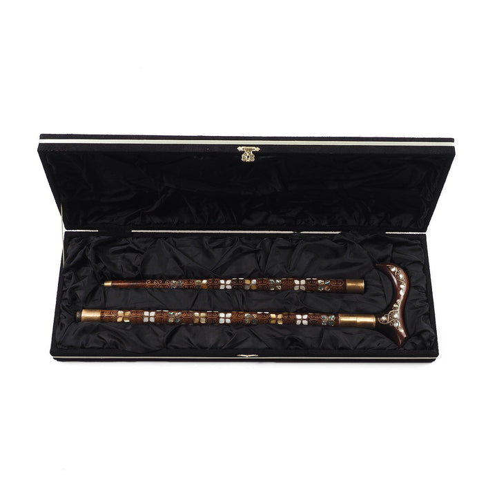 Handcrafted Wooden Walking Cane with Mother-of-Pearl and Copper Wire Inlay, Spherical Handle - WAAH239