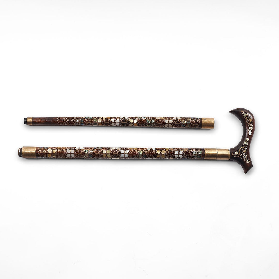 Handcrafted Wooden Walking Cane with Mother-of-Pearl and Copper Wire Inlay, Spherical Handle - WAAH239