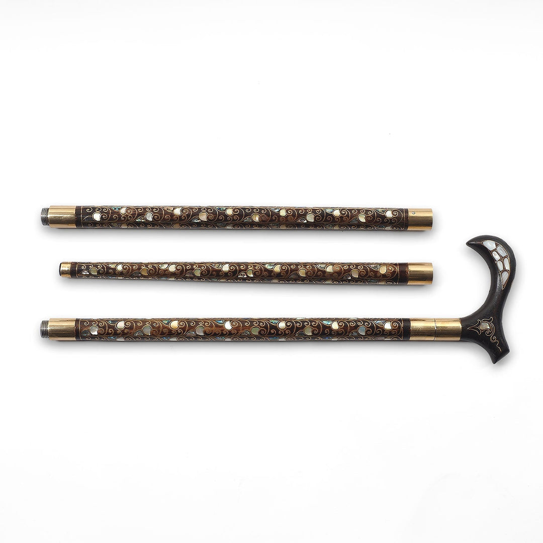Handcrafted Wooden Walking Cane with Mother-of-Pearl and Copper Wire Inlay, Spherical Handle - WAAH240