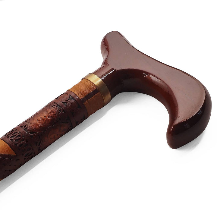 Handcrafted Leather-Covered Wooden Walking Cane - WAAH331