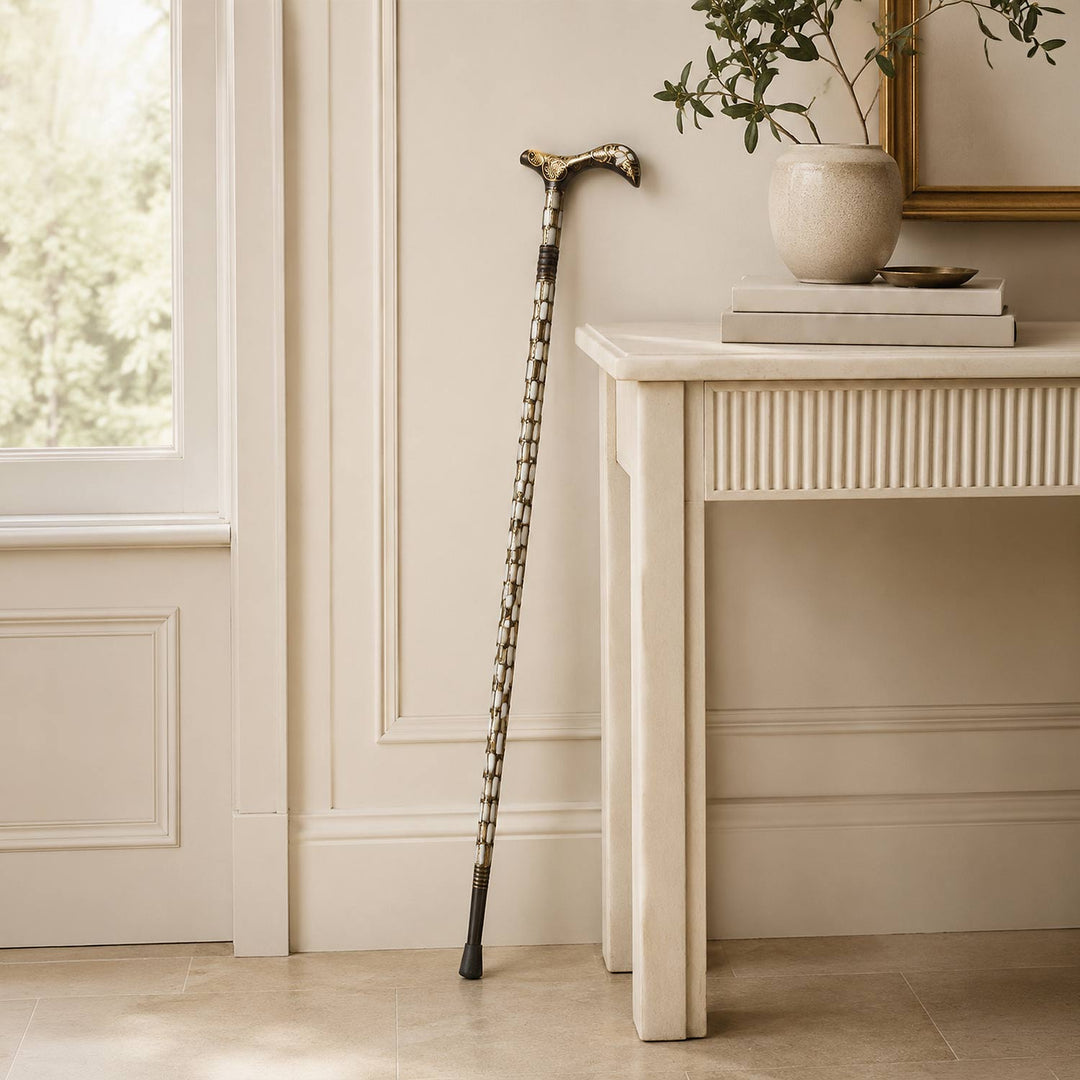 Handcrafted Mother-of-Pearl and Copper Wire Inlaid Wooden Walking Cane - WAAH333