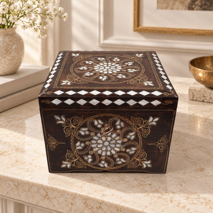 Handcrafted Mother-of-Pearl &amp; Copper Wire Inlaid Wooden Box - WAAH374