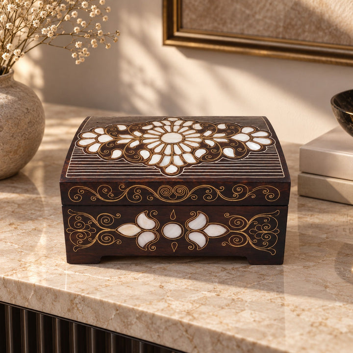 Handcrafted Mother-of-Pearl &amp; Copper Wire Inlaid Wooden Box - WAAH375