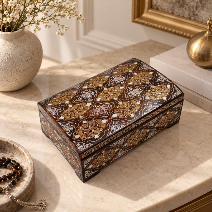 Handcrafted Mother-of-Pearl &amp; Copper Wire Inlaid Wooden Box - WAAH379