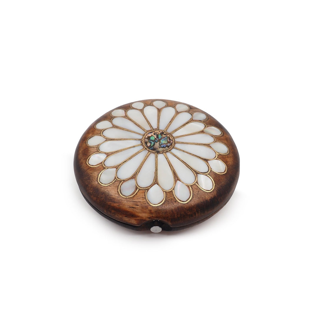 Floral Motif | Handcrafted Mother-of-Pearl &amp; Copper Wire Inlaid Wooden Pocket Mirror – WAAH055 - WAAH381