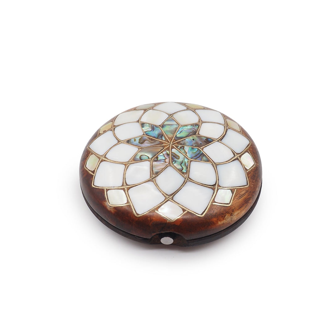 Floral Motif | Handcrafted Mother-of-Pearl &amp; Copper Wire Inlaid Wooden Pocket Mirror – WAAH055 - WAAH383