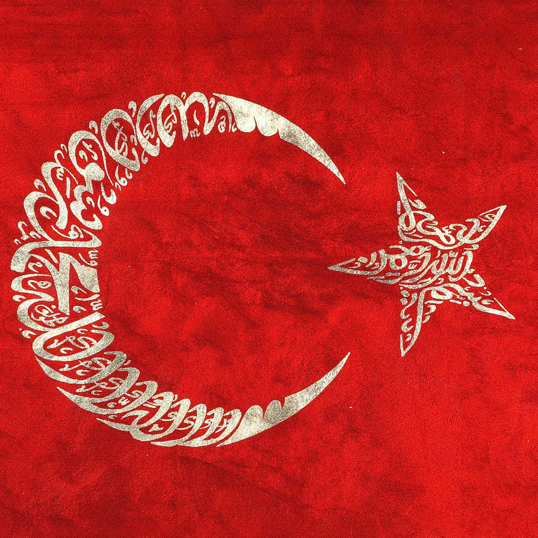 Hand-Painted Turkish Flag Glass Wall Art with Gold Leaf Details and Wooden Frame - WAAH442