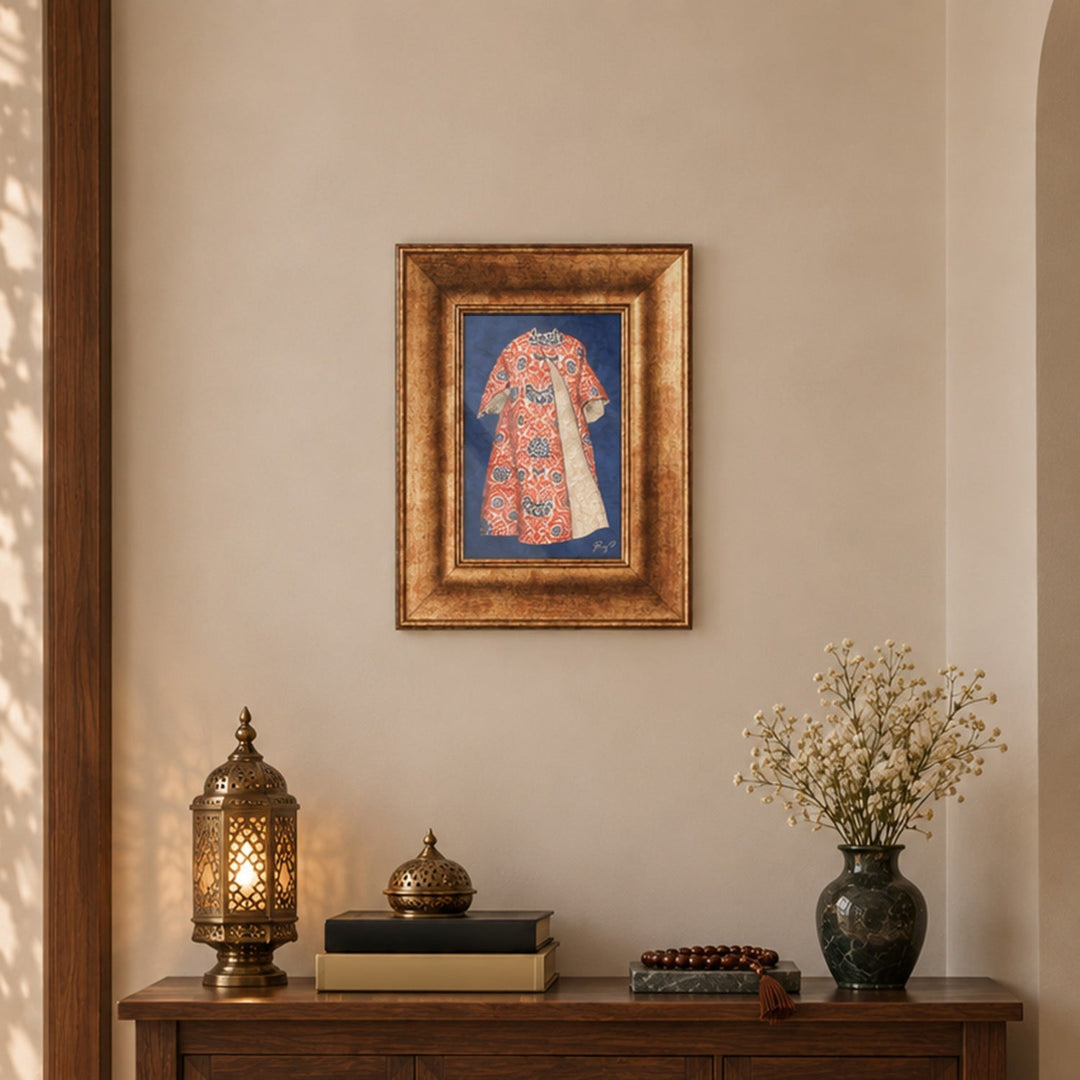 Hand-Painted Kaftan Figure Glass Wall Art with Gold Leaf Wooden Frame - WAAH454