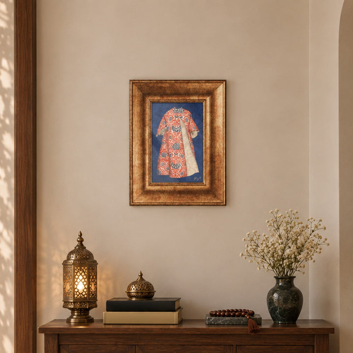 Hand-Painted Kaftan Figure Glass Wall Art with Gold Leaf Wooden Frame - WAAH454