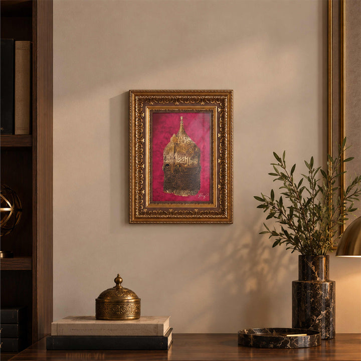 Hand-Painted Ottoman Helmet Motif Glass Wall Art with Gold Leaf Details and Wooden Frame - WAAH455