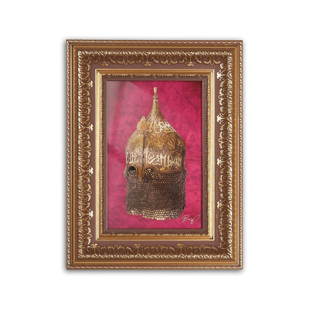 Hand-Painted Ottoman Helmet Motif Glass Wall Art with Gold Leaf Details and Wooden Frame - WAAH455
