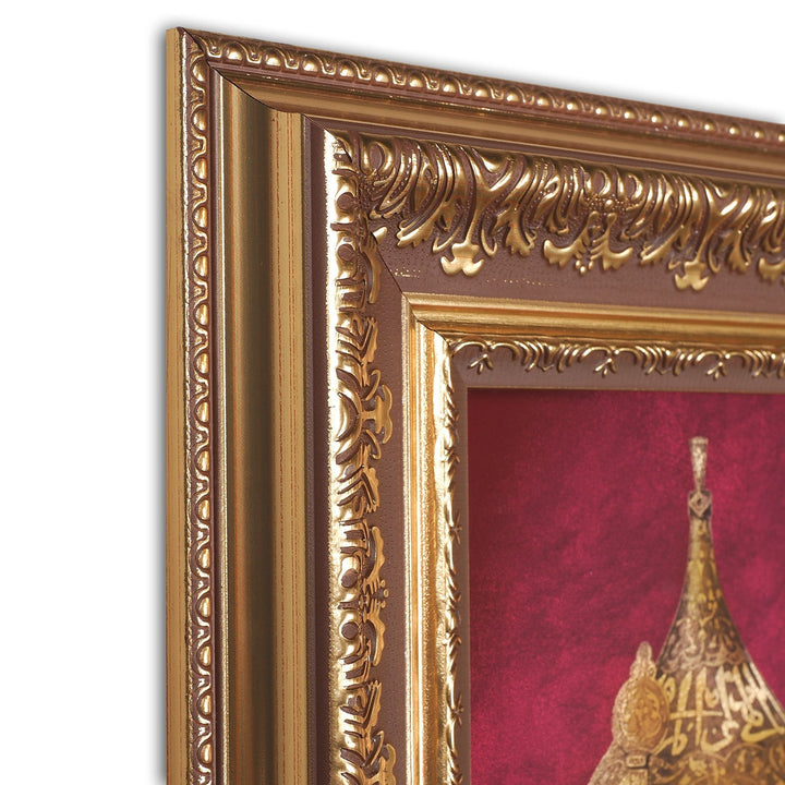 Hand-Painted Ottoman Helmet Motif Glass Wall Art with Gold Leaf Details and Wooden Frame - WAAH455