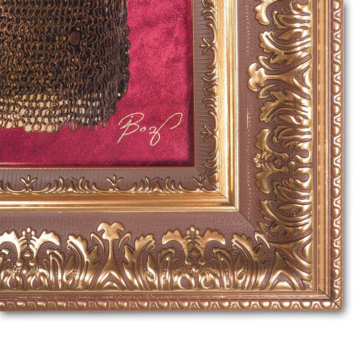 Hand-Painted Ottoman Helmet Motif Glass Wall Art with Gold Leaf Details and Wooden Frame - WAAH455