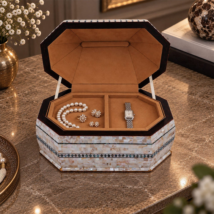 Handcrafted Patterned Wooden Box with Mother-of-Pearl Mosaic and Abalone Inlay - WAAH471