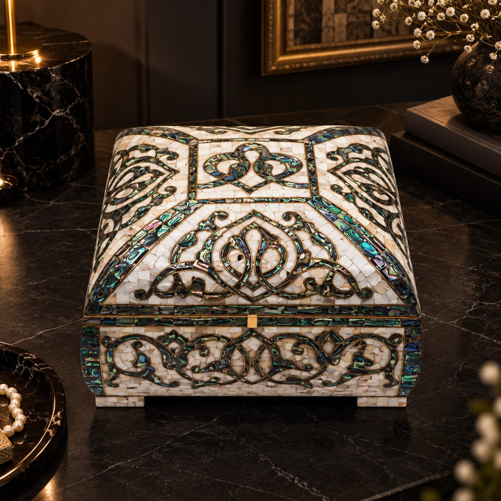 Handcrafted Wooden Box with Abalone Mother-of-Pearl Inlay - WAAH472