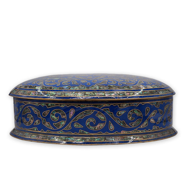 Handcrafted Navy Blue Wooden Box with Abalone Mother-of-Pearl and Copper Wire Inlay - WAAH474