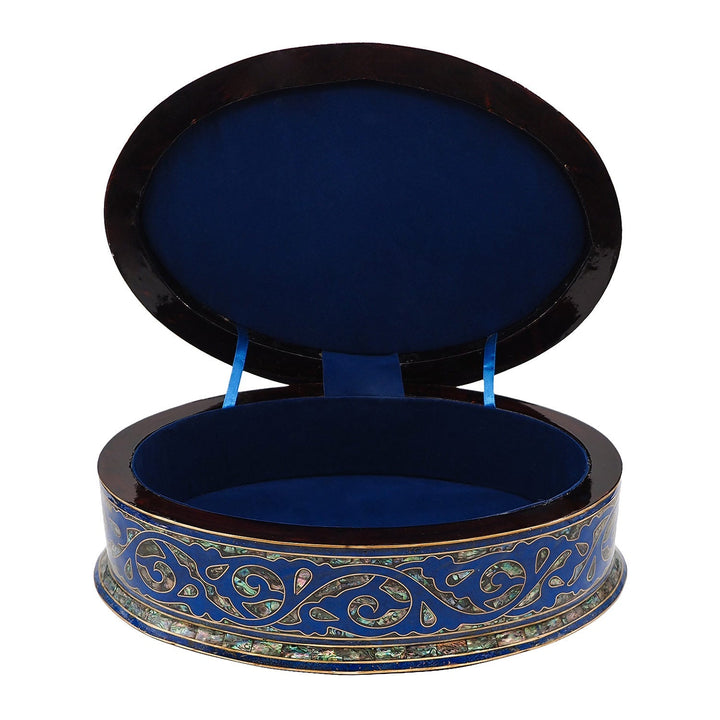 Handcrafted Navy Blue Wooden Box with Abalone Mother-of-Pearl and Copper Wire Inlay - WAAH474