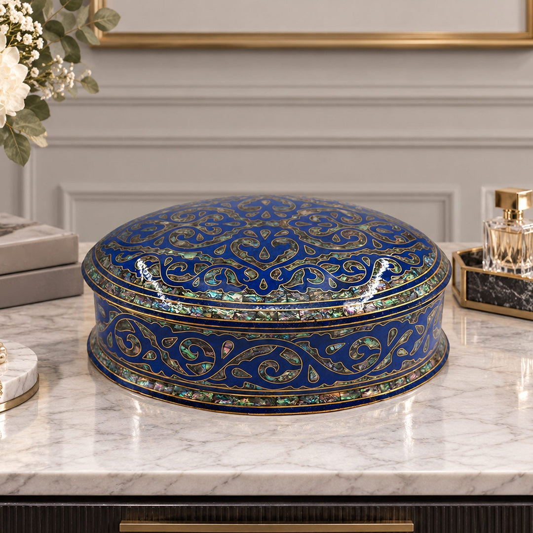 Handcrafted Navy Blue Wooden Box with Abalone Mother-of-Pearl and Copper Wire Inlay - WAAH474
