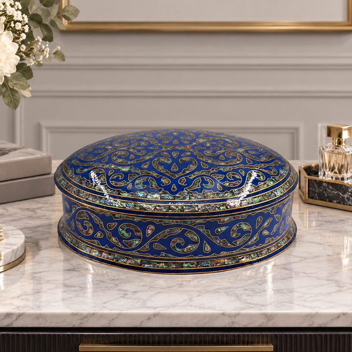 Handcrafted Navy Blue Wooden Box with Abalone Mother-of-Pearl and Copper Wire Inlay - WAAH474