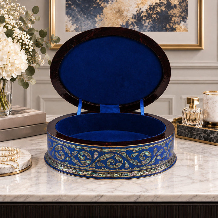 Handcrafted Navy Blue Wooden Box with Abalone Mother-of-Pearl and Copper Wire Inlay - WAAH474