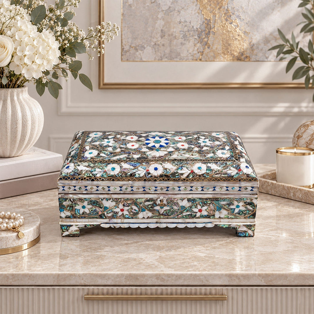 Handcrafted Wooden Box with Abalone Mother-of-Pearl Inlay - WAAH475
