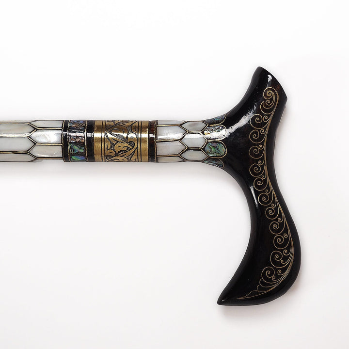 Handcrafted Wooden Walking Cane with Mother-of-Pearl and Copper Wire Inlay - WAAH476