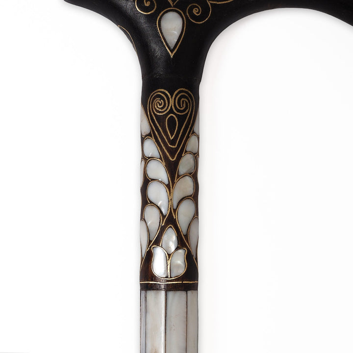 Handcrafted Wooden Walking Cane with Mother-of-Pearl and Copper Wire Inlay - WAAH477