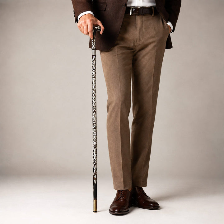 Handcrafted Wooden Walking Cane with Mother-of-Pearl and Copper Wire Inlay - WAAH477