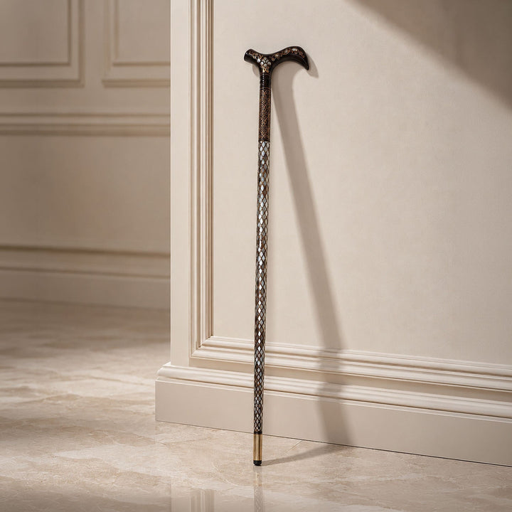 Handcrafted Wooden Walking Cane with Mother-of-Pearl and Copper Wire Inlay - WAAH478