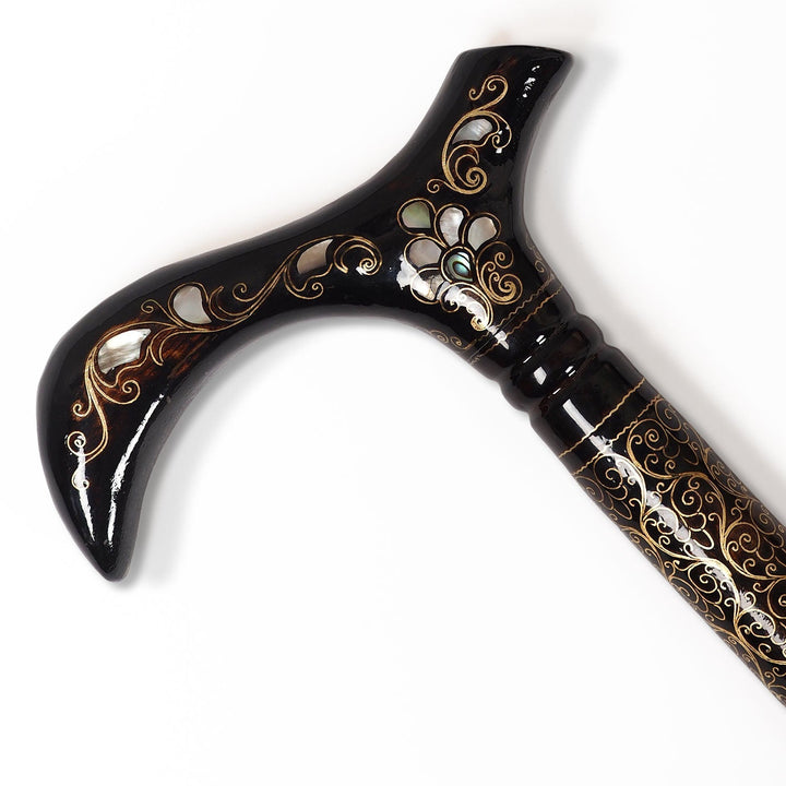 Handcrafted Wooden Walking Cane with Mother-of-Pearl and Copper Wire Inlay - WAAH478