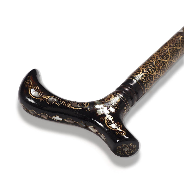 Handcrafted Wooden Walking Cane with Mother-of-Pearl and Copper Wire Inlay - WAAH478