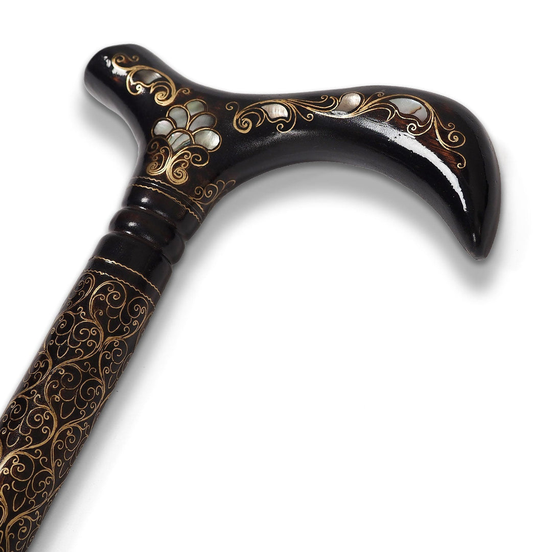 Handcrafted Wooden Walking Cane with Mother-of-Pearl and Copper Wire Inlay - WAAH478
