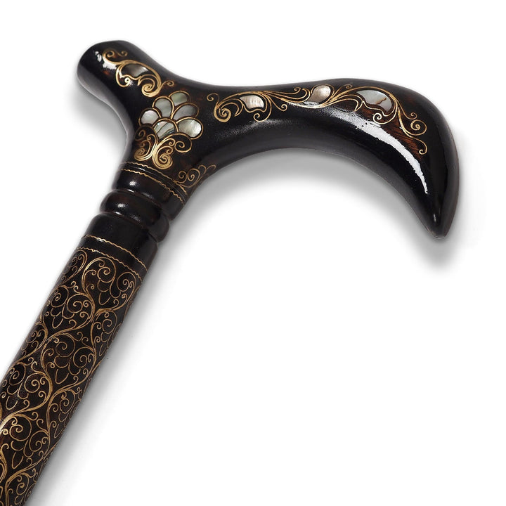 Handcrafted Wooden Walking Cane with Mother-of-Pearl and Copper Wire Inlay - WAAH478