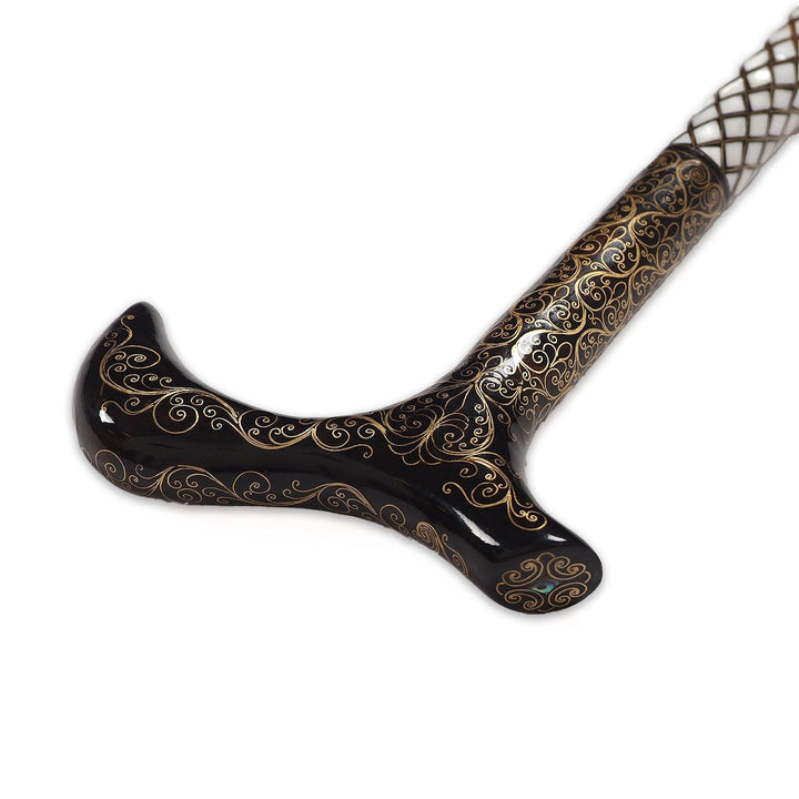 Handcrafted Wooden Walking Cane with Mother-of-Pearl and Copper Wire Inlay - WAAH479