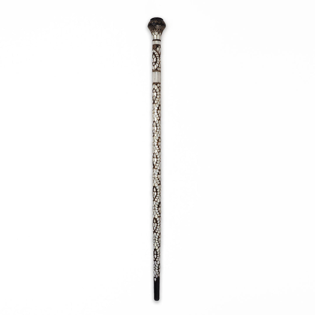 Handcrafted Wooden Walking Cane with Mother-of-Pearl and Copper Wire Inlay - WAAH480