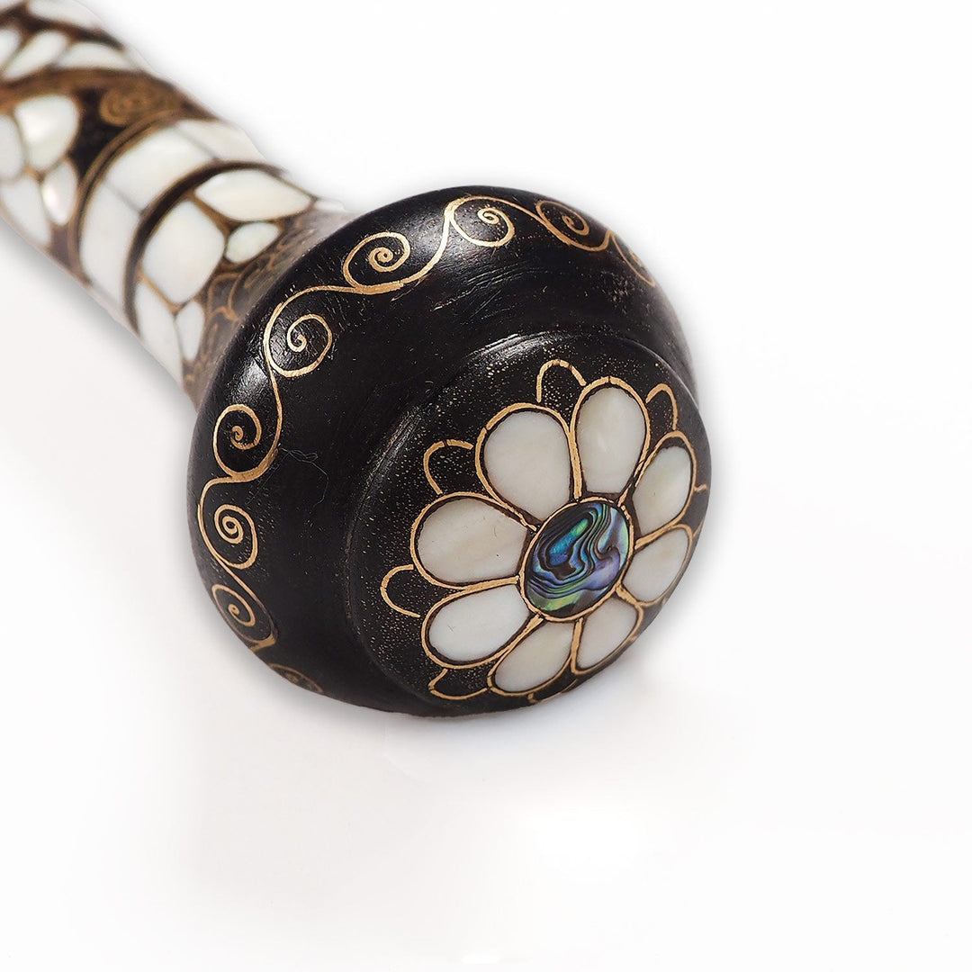 Handcrafted Wooden Walking Cane with Mother-of-Pearl and Copper Wire Inlay - WAAH480