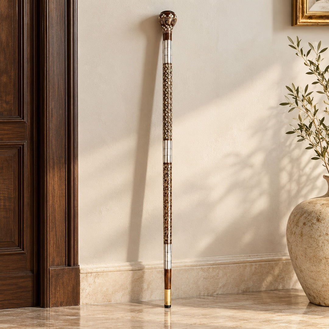 Handcrafted Wooden Walking Cane with Mother-of-Pearl &amp; Copper Wire Inlay - WAAH491