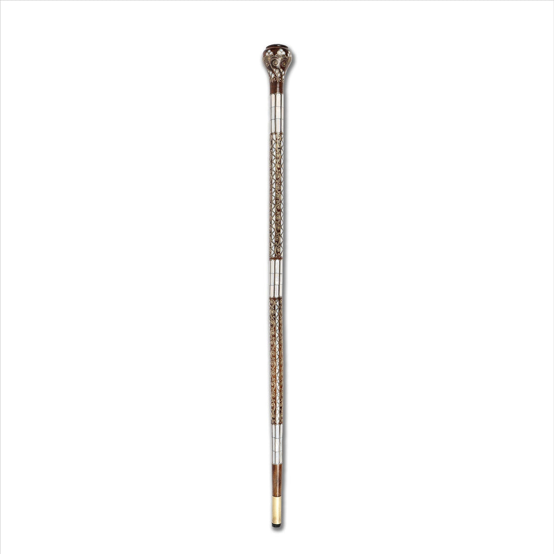 Handcrafted Wooden Walking Cane with Mother-of-Pearl &amp; Copper Wire Inlay - WAAH491