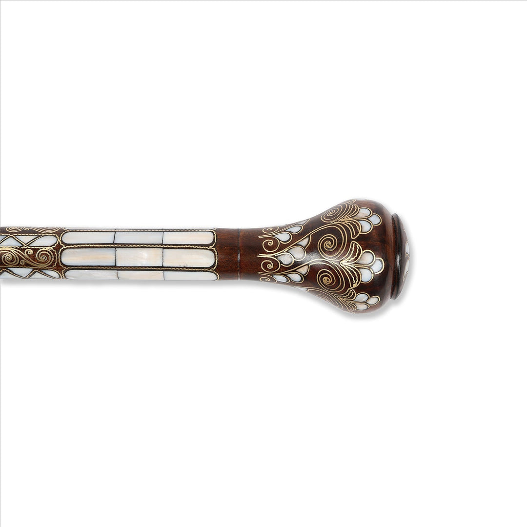 Handcrafted Wooden Walking Cane with Mother-of-Pearl &amp; Copper Wire Inlay - WAAH491