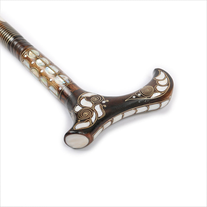 Handcrafted Wooden Walking Cane with Mother-of-Pearl &amp; Copper Wire Inlay - WAAH492