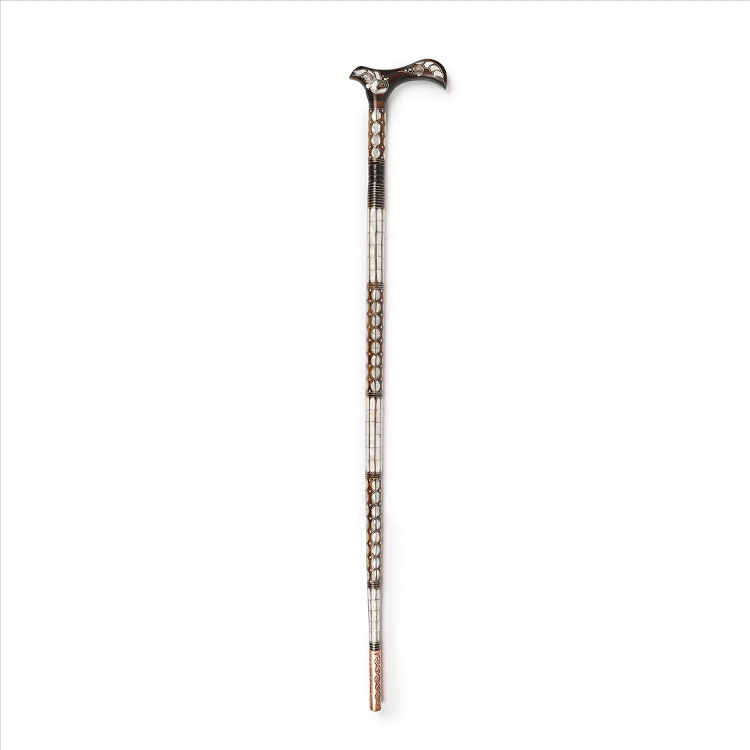 Handcrafted Wooden Walking Cane with Mother-of-Pearl &amp; Copper Wire Inlay - WAAH492