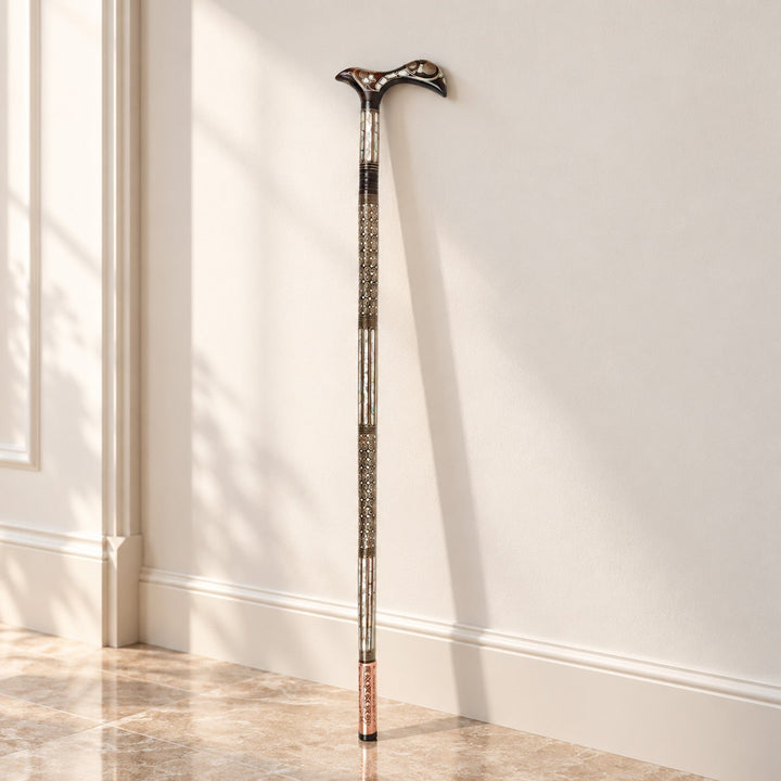 Handcrafted Wooden Walking Cane with Mother-of-Pearl &amp; Copper Wire Inlay - WAAH493