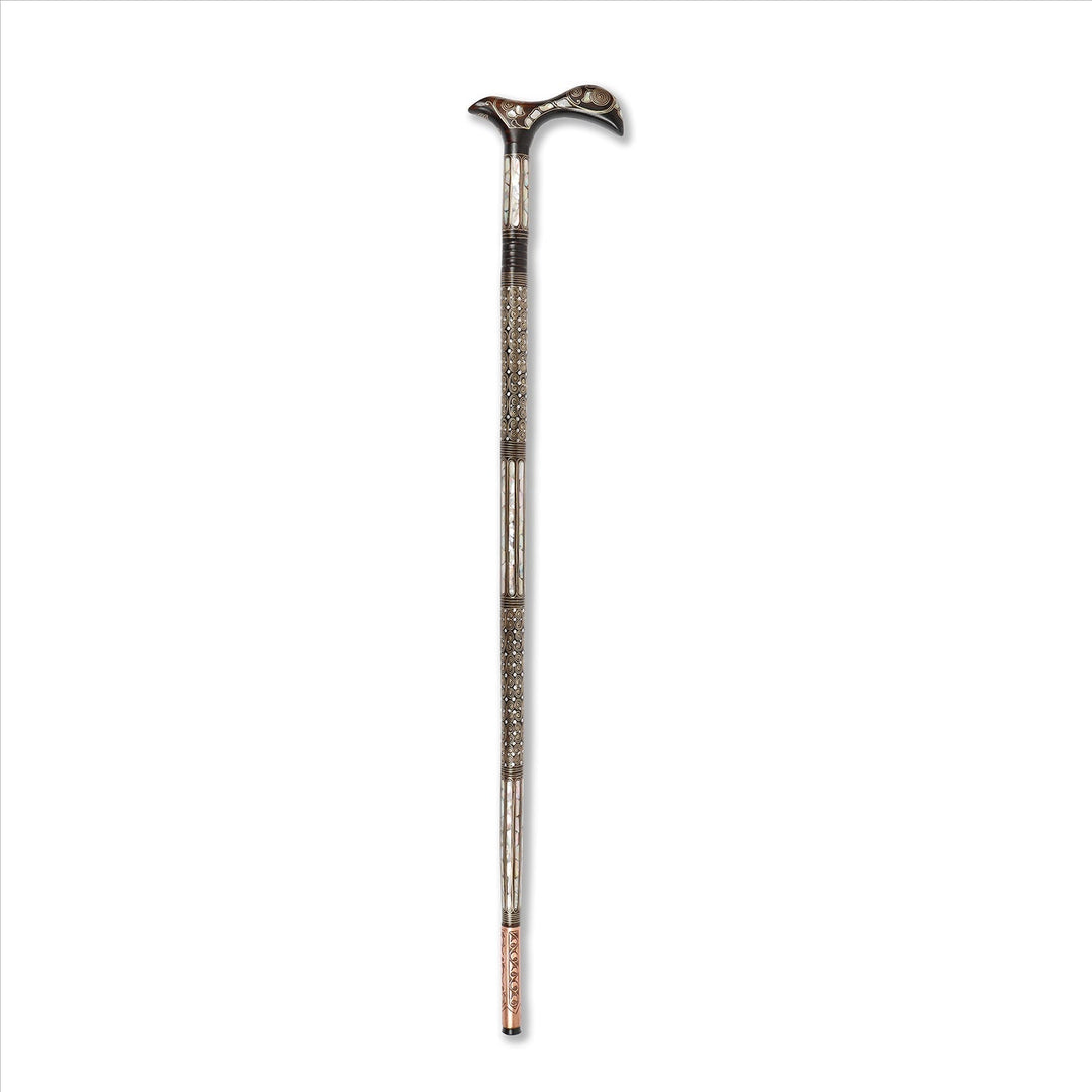 Handcrafted Wooden Walking Cane with Mother-of-Pearl &amp; Copper Wire Inlay - WAAH493