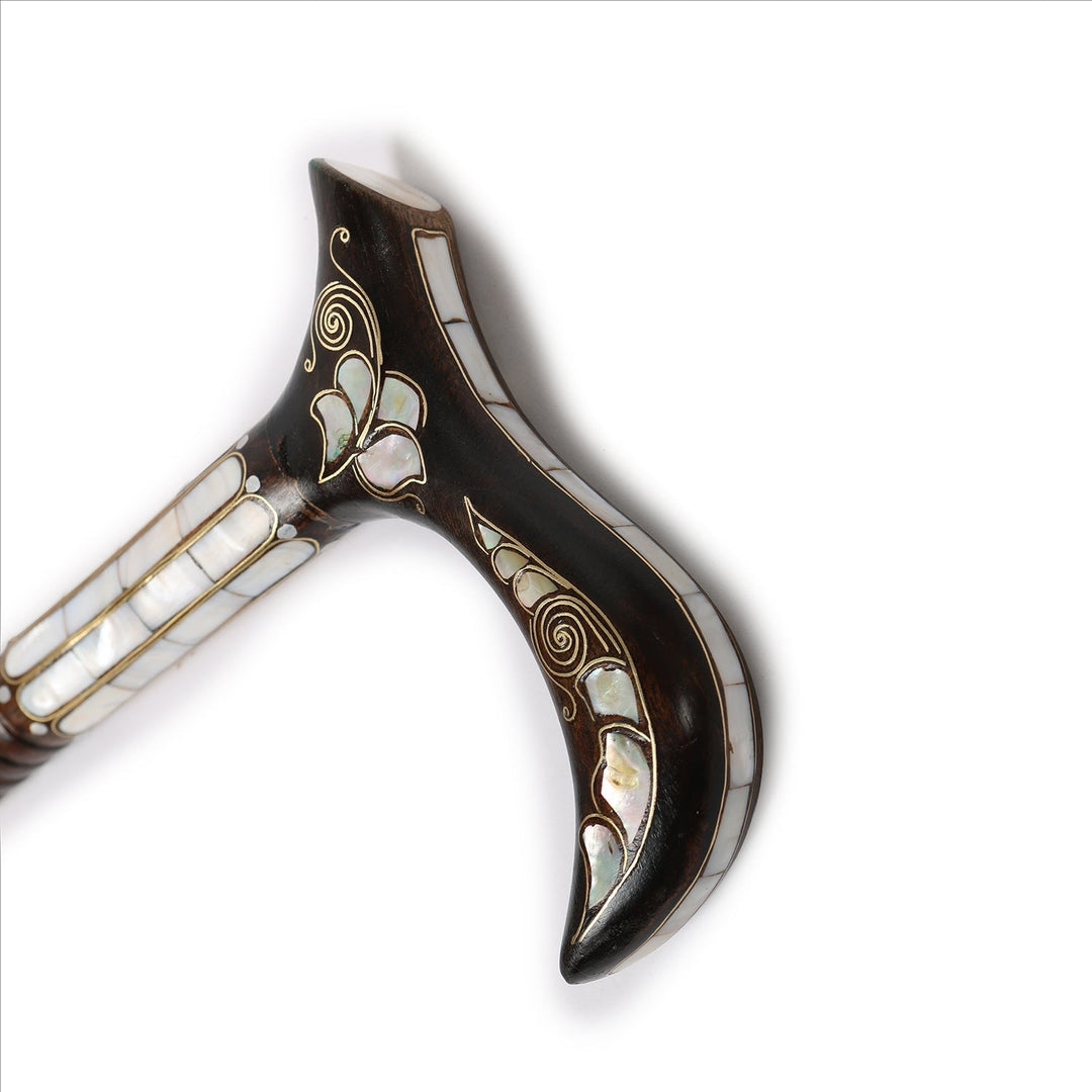 Handcrafted Wooden Walking Cane with Mother-of-Pearl &amp; Copper Wire Inlay - WAAH495