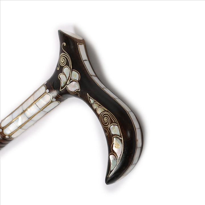 Handcrafted Wooden Walking Cane with Mother-of-Pearl &amp; Copper Wire Inlay - WAAH495