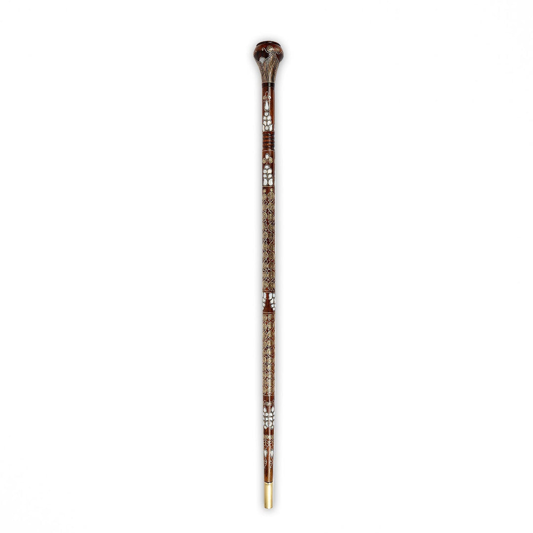 Handcrafted Wooden Walking Cane with Mother-of-Pearl &amp; Copper Wire Inlay - WAAH496